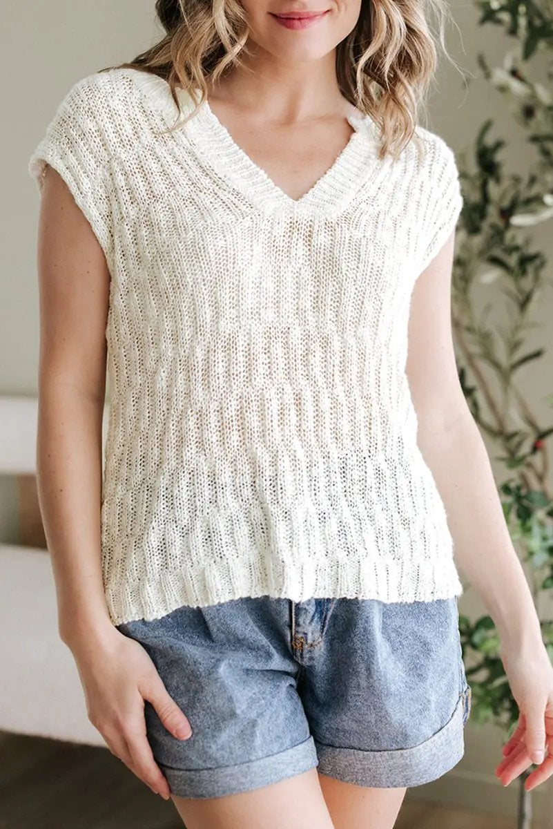 Beige Notched V Neck Short Sleeve Sweater for Casual Wear - Love Salve
